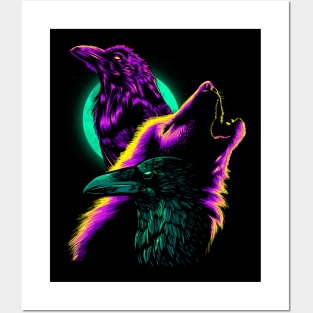 Retro crows with wolf Posters and Art